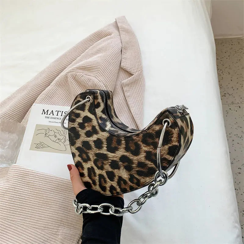 Leopard Print Women Pu Leather Shoulder Bag Heart Shape Underarm Purse