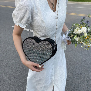 Heart Shaped Rhinestone Shoulder Bag Chain Purse Handbag