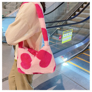 Heart Shape Print Plush Shoulder Bag for Women