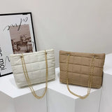 Winter Plaid Shoulder Bags Down Cotton Padded Quilted Tote Women Messenger