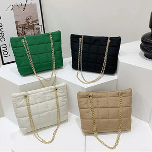 Winter Plaid Shoulder Bags Down Cotton Padded Quilted Tote Women Messenger