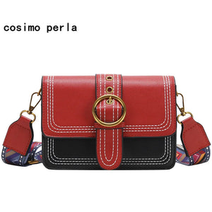 Retro Crossbody Bag Metal Ring Lock Wide Shoulder Strap Small Square Bags