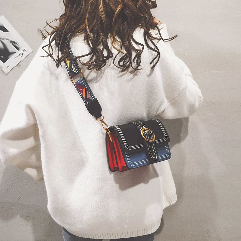 Retro Crossbody Bag Metal Ring Lock Wide Shoulder Strap Small Square Bags