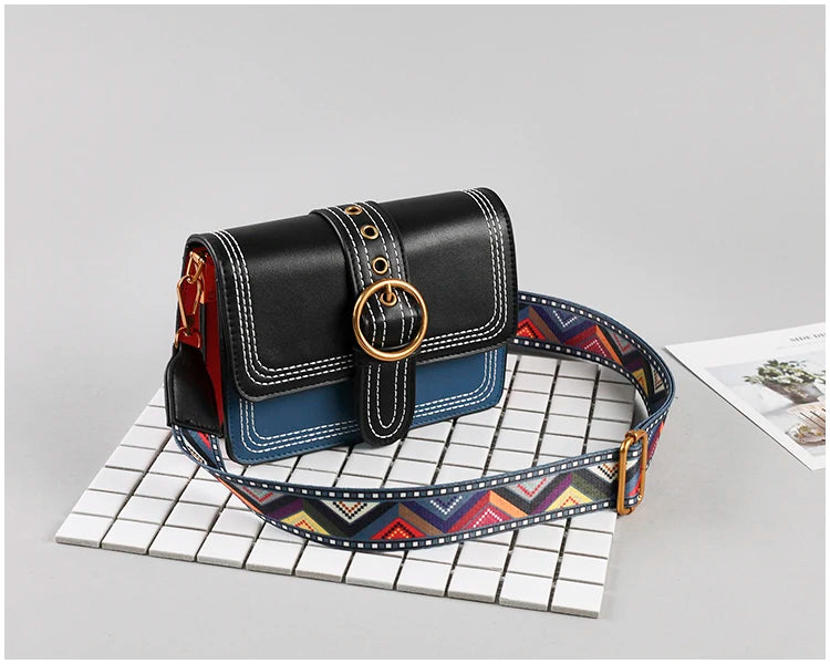Retro Crossbody Bag Metal Ring Lock Wide Shoulder Strap Small Square Bags