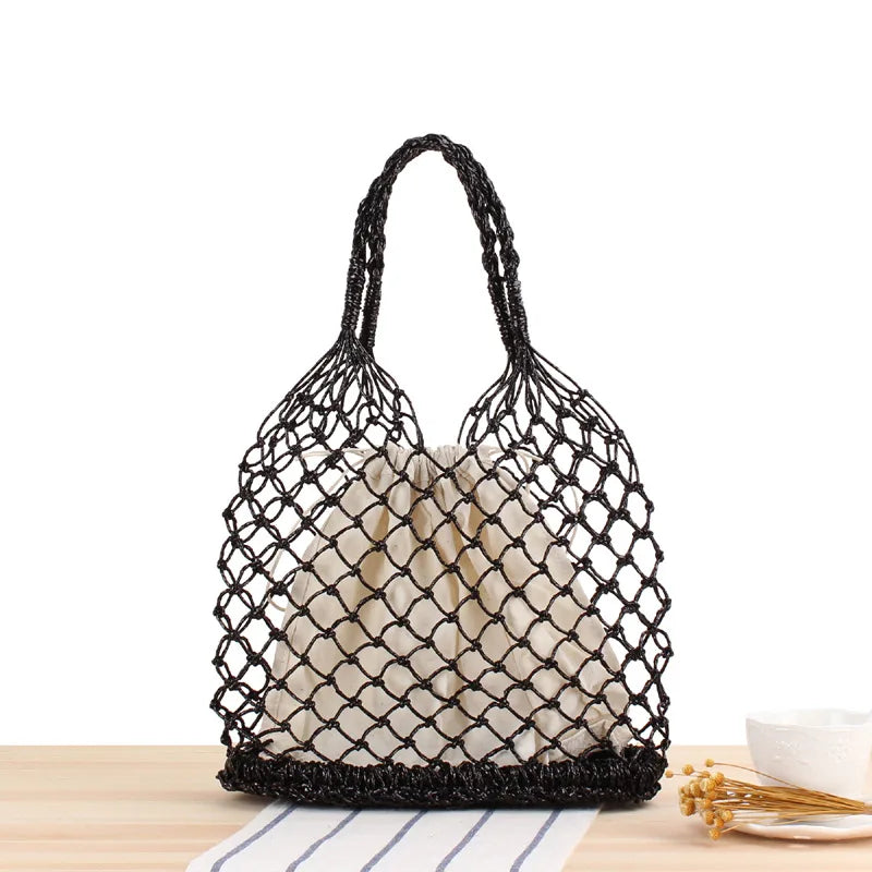 Silver Thread Hand Woven Shoulder Bag Straw Handbag Hard Bottom