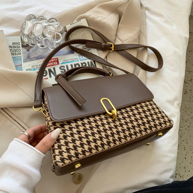 Houndstooth Crossbody Messenger Bag Purse with Scarf