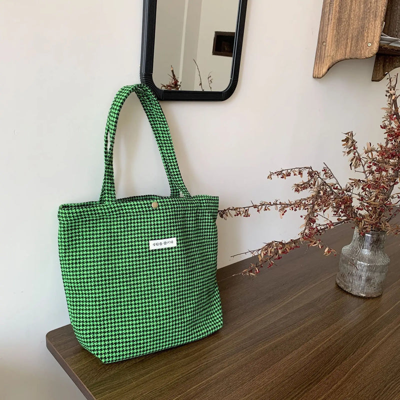 Houndstooth Pattern Women's Tote Handbags Plaid Ladies Portable Shoulder Bag