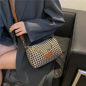 Houndstooth Shoulder Bag Women's Leather Crossbody Handbag