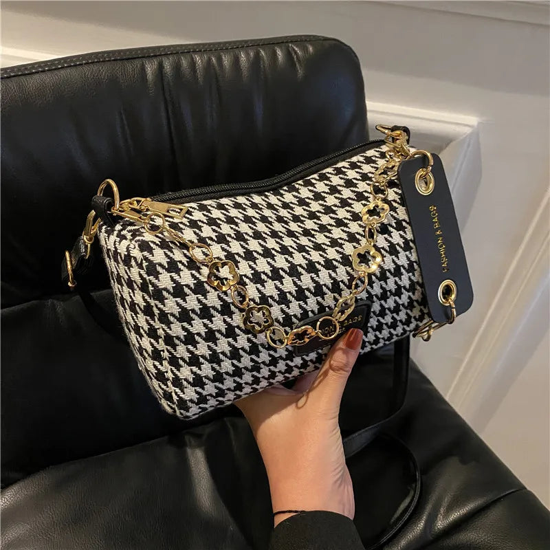 Houndstooth Shoulder Bag Women's Leather Crossbody Handbag