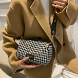 Houndstooth Shoulder Bag Women's Leather Crossbody Handbag