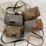 Houndstooth Shoulder Bag Women's Leather Crossbody Handbag
