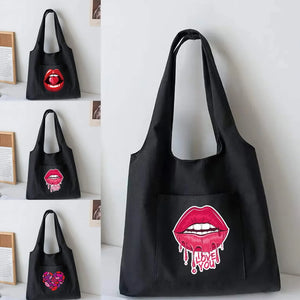 Canvas Shoulder Bag Mouth Pattern Large Tote Bag