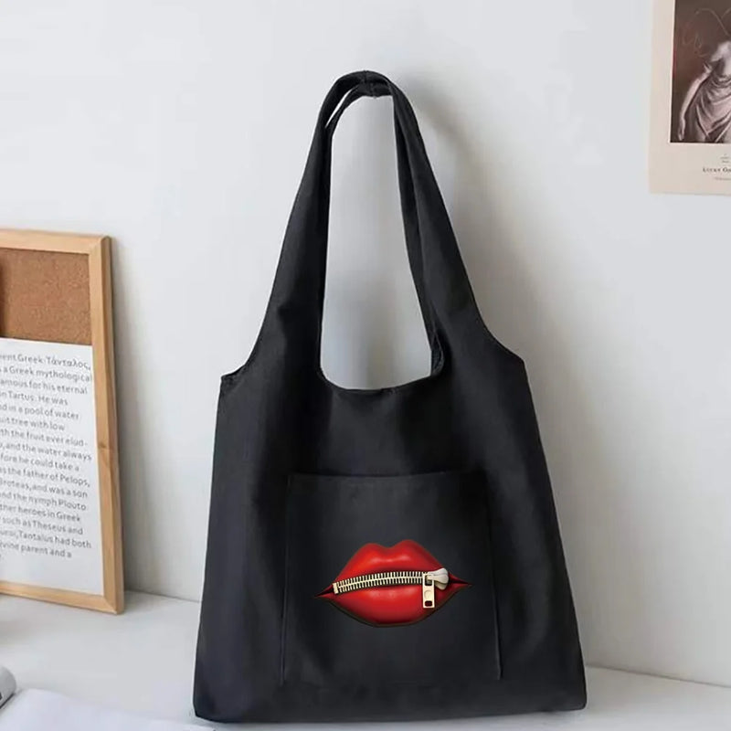 Canvas Shoulder Bag Mouth Pattern Large Tote Bag