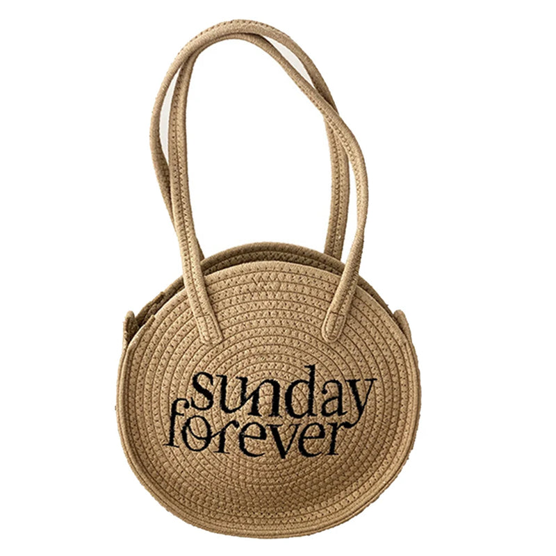 Round Letter Women Straw Shoulder Bag for Traveling HandBag
