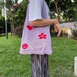 Large Capacity Beach Travel Mesh Flower Woven Handbags