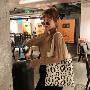 Knitted Shoulder Handbag Leopard Pattern Large Capacity Top-handle Bag