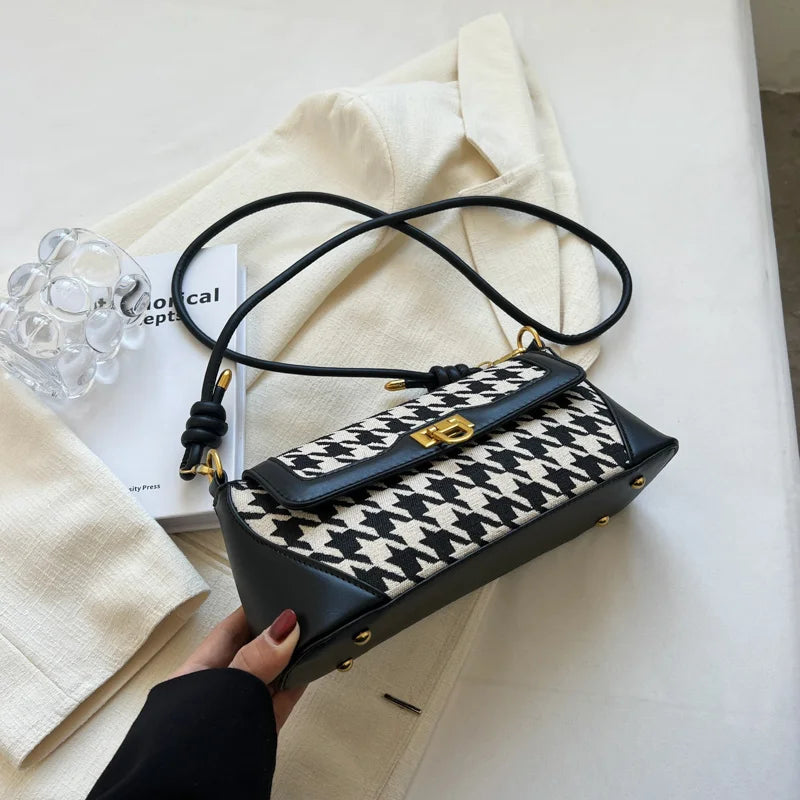 Houndstooth Knotted Handle Bag Classic Handbag PU Leather Retro Crossbody Bag