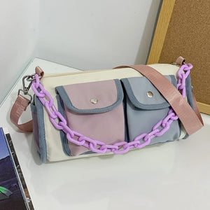 Korea Style Women's Patchwork Satchel Bag Nylon Crossbody Travel Tote Bag