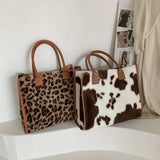 Retro Cow Leopard Print Tote Bag Large Capacity PU Leather Handbag