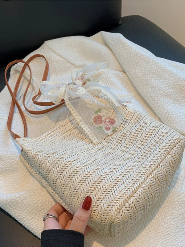 Lace Bow Straw Bag Women'S Woven Bucket Shoulder Bag For Woman
