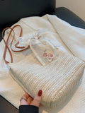 Lace Bow Straw Bag Women'S Woven Bucket Shoulder Bag For Woman