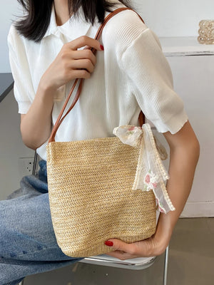 Lace Bow Straw Bag Women'S Woven Bucket Shoulder Bag For Woman