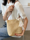 Lace Bow Straw Bag Women'S Woven Bucket Shoulder Bag For Woman