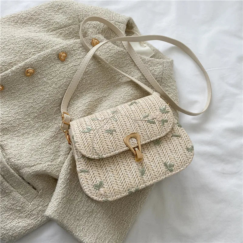Lace Flower Shoulder Crossbody Bag Straw Beach Handbag