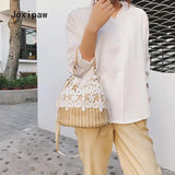 Summer Straw Bucket Bag for Women Woven Crossbody Handbag