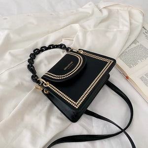 Women's Small Bag Chain Handle Embroidered Trim Contrast Messenger Bag