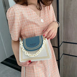 Women's Small Bag Chain Handle Embroidered Trim Contrast Messenger Bag
