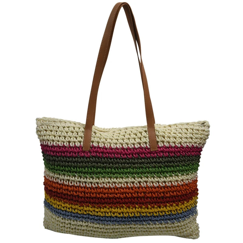 Rainbow Lady Handbag Beach Straw Bag
