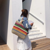Rainbow Lady Handbag Shoulder Straw Bag Beach Version