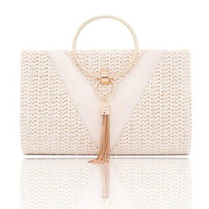 Women Summer Handbag Metal Handle Tassel Band Crossbody Purse
