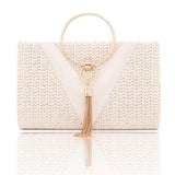 Women Summer Handbag Metal Handle Tassel Band Crossbody Purse