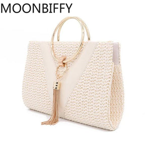 Women Summer Handbag Metal Handle Tassel Band Crossbody Purse
