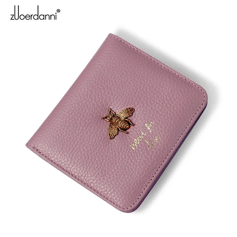 Lady Zipper Wallet Leather Thin Short Wallets Women Small bee metal Purse