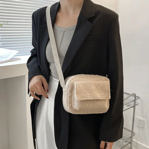 Lamb Plush Shoulder Bags Brown Zipper Pockets Crossbody Small Shopping Bags