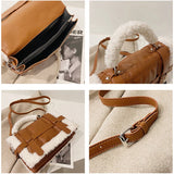 Brown Lamb Wool Shoulder Bag Quilted Handbag Large Crossbody Purse