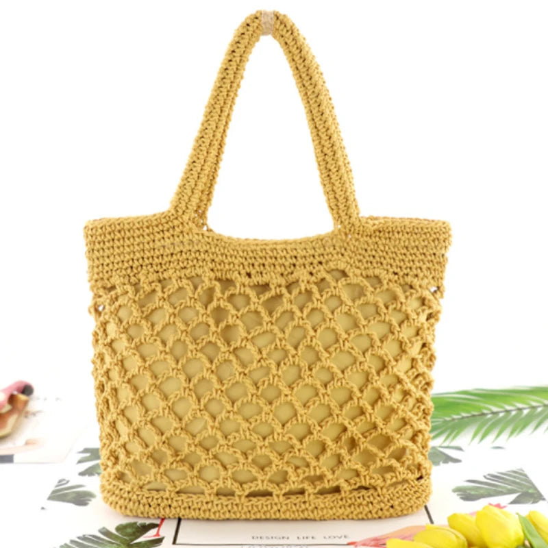 Straw Beach Shoulder Tote Handbag Hollow Out Shopping Bag