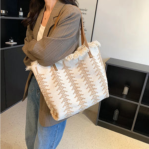 Large Tote Handbags Cotton Woven Shoulder Bags Tassel Shopper Purse