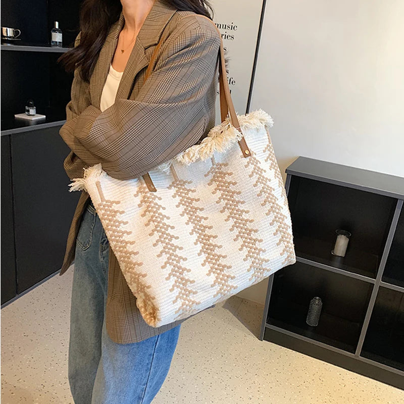 Large Tote Handbags Cotton Woven Shoulder Bags Tassel Shopper Purse