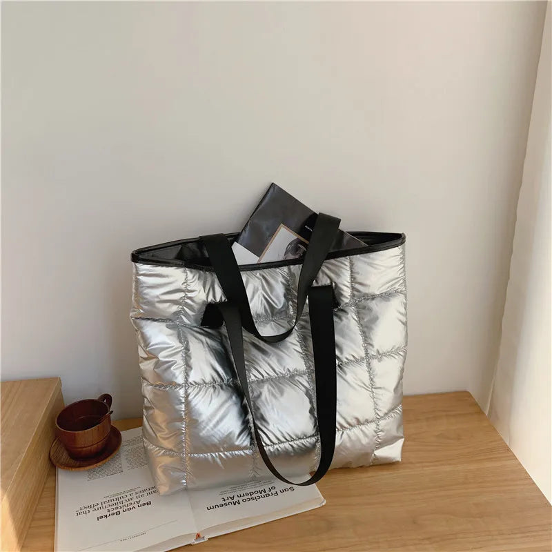 Large Tote Padded Handbags Quilted Women Shoulder Bags Nylon Down Cotton