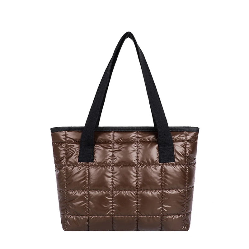 Quilted Nylon Shoulder Bag Padded Handbag Large Tote for Women Winter Purse