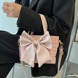 Lattice Bow Handbag Women's Solid Pu Bucket High Woman Messenger Bag