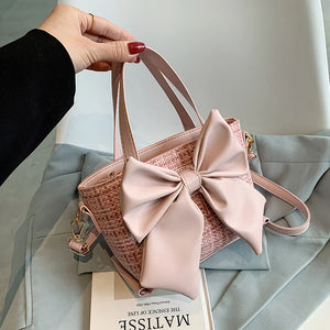 Lattice Bow Handbag Women's Solid Pu Bucket High Woman Messenger Bag