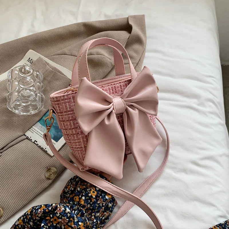 Lattice Bow Handbag Women's Solid Pu Bucket High Woman Messenger Bag