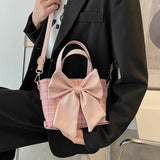 Lattice Bow Handbag Women's Solid Pu Bucket High Woman Messenger Bag