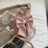 Lattice Bow Handbag Women's Solid Pu Bucket High Woman Messenger Bag