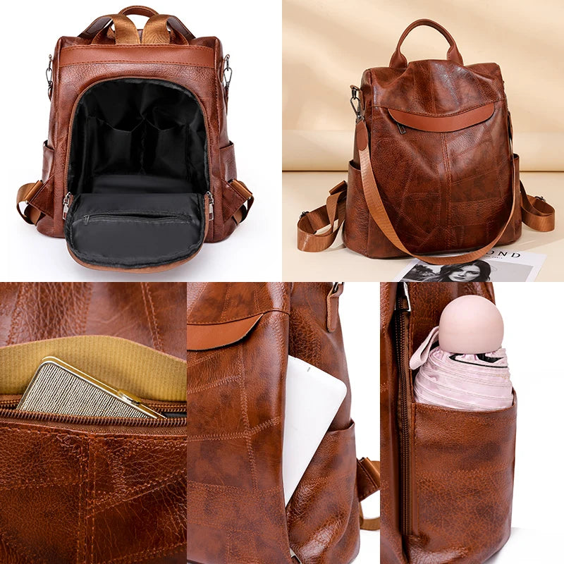 Anti-Theft Leather Backpack for Women Travel Rucksack